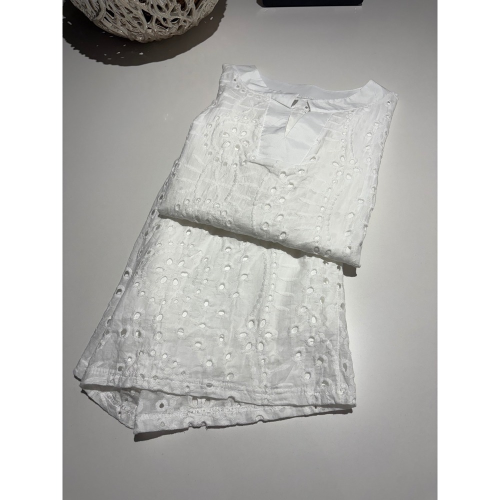 White Eyelet Blouse Long Sleeve Collared and Shorts‎ Set Casual Summer Womens XL